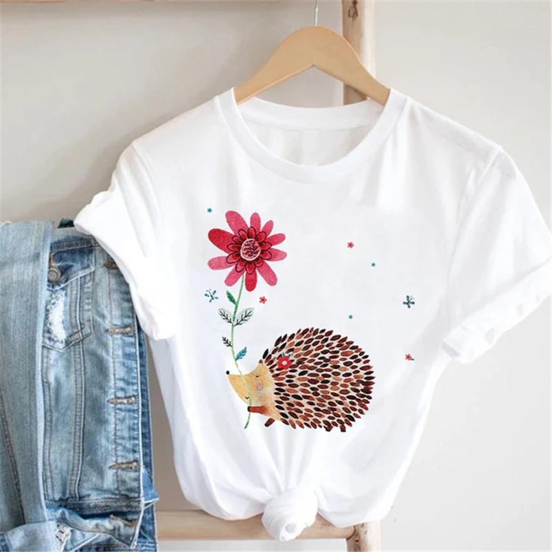 Pink Women Tshirts Casual Cute Cartoon Hedgehog Floral Graphic Print Female Tee Tops Harajuku Fashion Short Sleeve T Shirt Femme