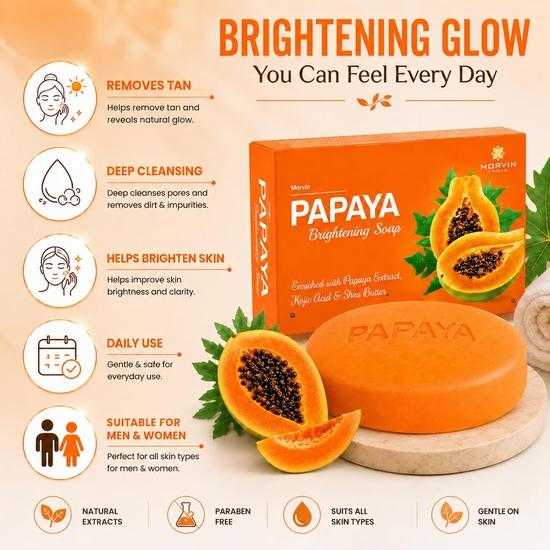 Morvin Papaya Bath Soap Bar - Enriched with Papaya Extract, Kojic Acid & Shea Butter for Dark Spot & Acne Removal – (75gm, Pack of 6).