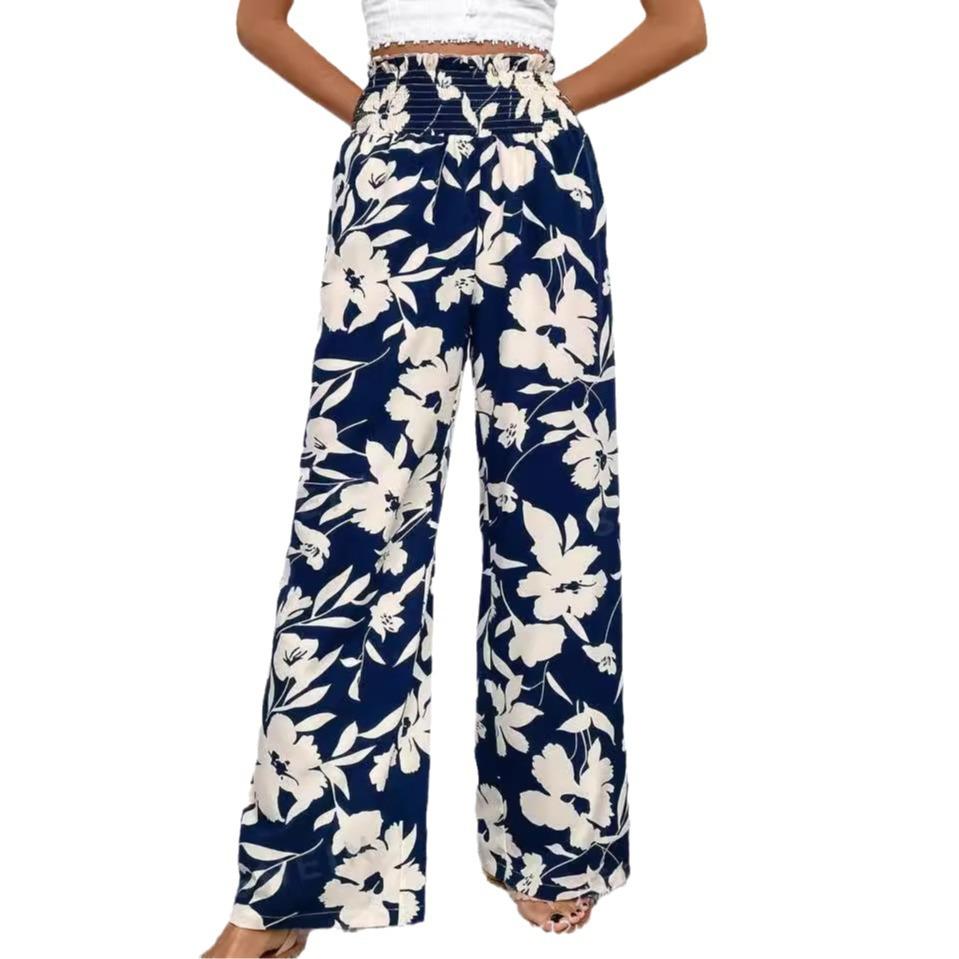 Damen Blaue Weite Hose mit Hohem Bund und Blumendruck