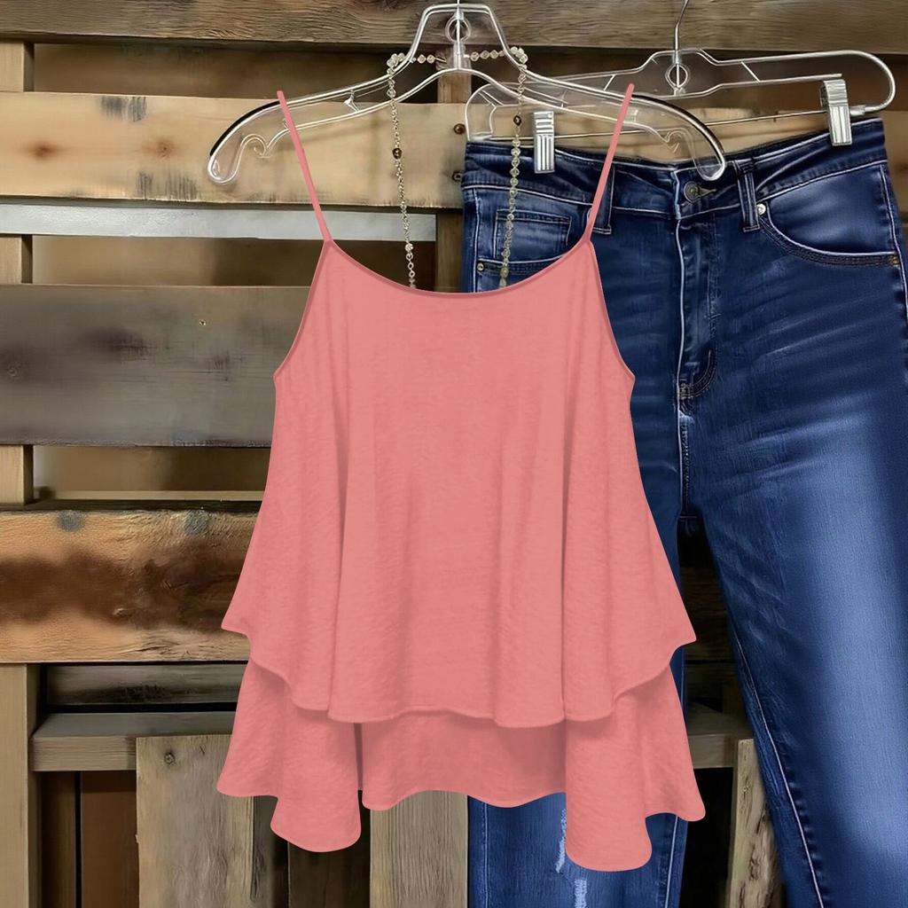 Women Sleeveless Double Layer Camisole Top Solid Color Strap Summer Casual Loose Fit Lightweight Blouse