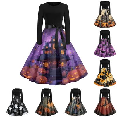 Damen Casual Mode Rundhals Halloween Bedrucktes Vintage Kleid