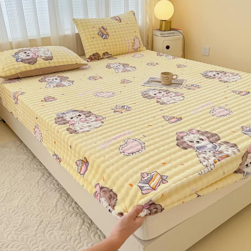 Fluffy Plush Fitted Bed Sheet Cartoon Long Hair Fleece Bed Cover for Double Bed Fundas De Colchón Winter Warm Mattress Cover