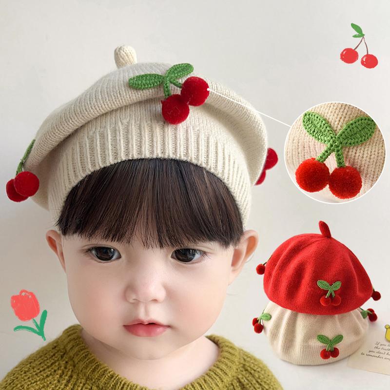 Sweet Cherry Baby Girls Beret Hat Autumn Winter Knitted Baby Boys Cap Beanies Soft Children Artist Painter Cap