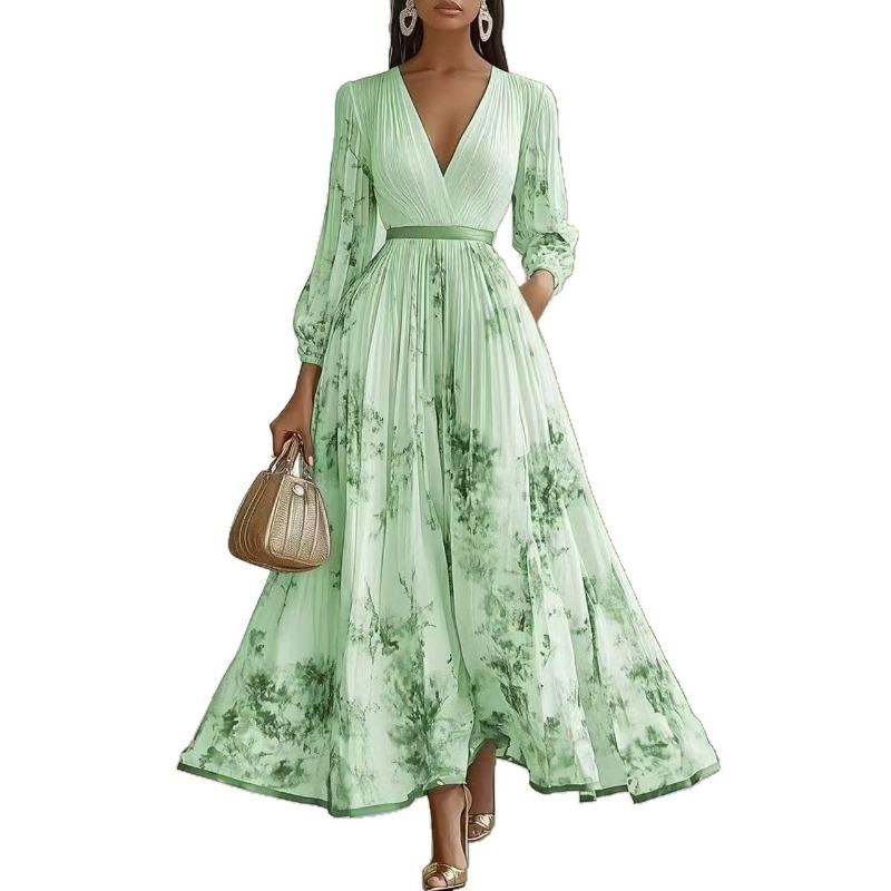 Women S Elegant Printed V Neck Pleated Long Sleeve A Line Dress Summer Slim Fit