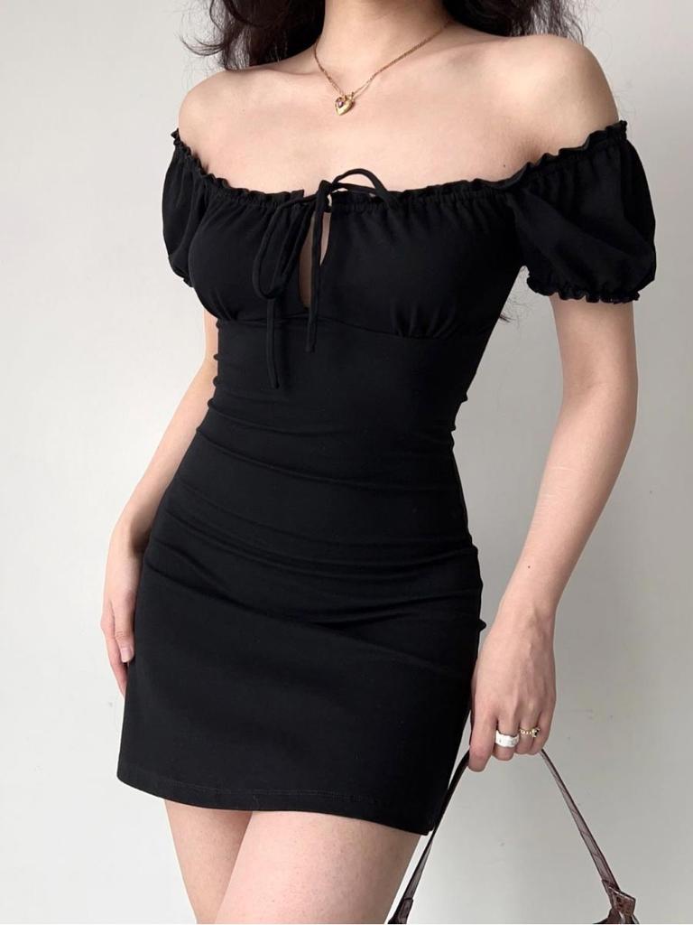 Square Neck Black Dress for Women Slim Fit Bubble Sleeve Midi Dress Party Elegant Vintage Style Clothing Summer