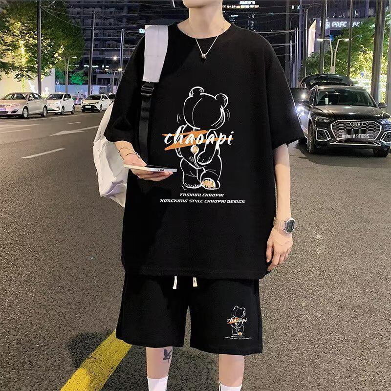 Men's Summer Waffle Knit Set: Short-Sleeve T-Shirt & Shorts 2-Piece for Teens