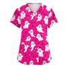 Women's Cute Printed Work Clothes V-neck Double Layer Pockets Basic Short Sleeve Top Pullover