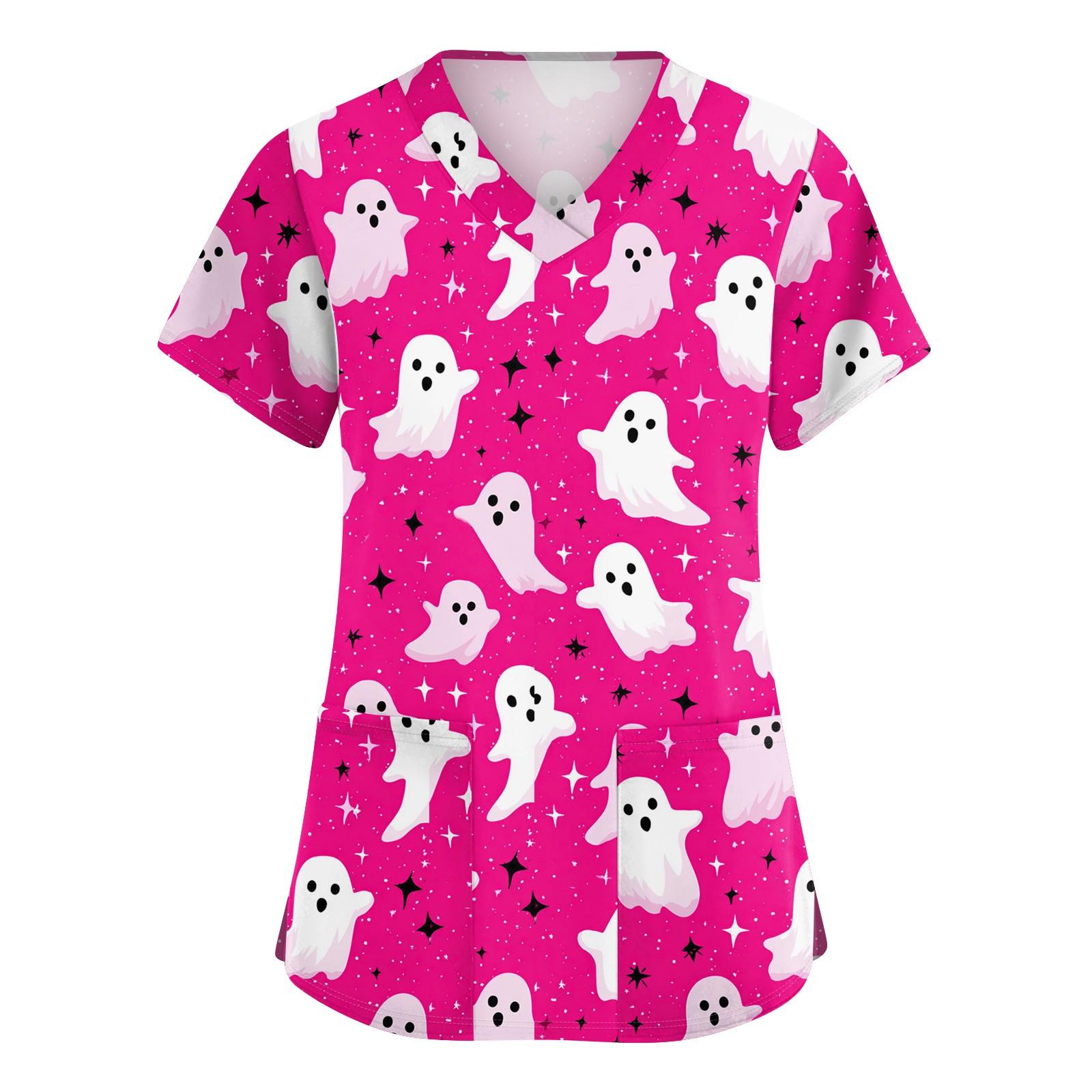 

Женская симпатичная принтованная рабочая одежда с V-образным вырезом, двухслойными карманами, базовым коротким рукавом, пуловером XXXXXL красный