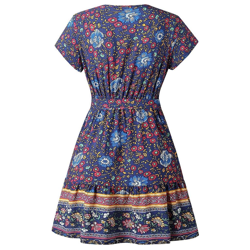 V-neck Sexy Tight-fitting Ruffle Dress Bohemian Small Fresh Print Dress