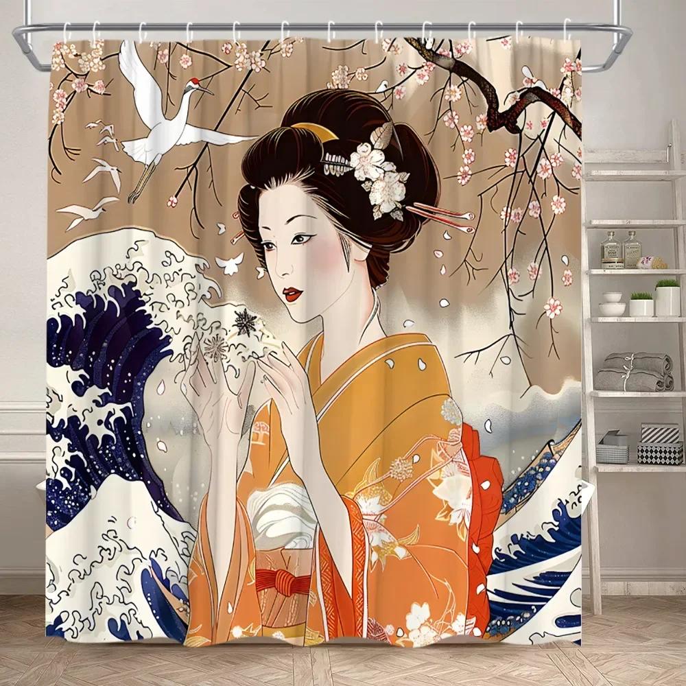 Azjatka Zasłona Prysznicowa Japońskie Kimono Kwiat Wiśni Krajobraz Malarstwo Tuszem Sztuka Poliester Tkanina Dekoracja Łazienki Zestaw Zasłon