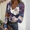 Women's Casual V-Neck Vintage Print Long Sleeve Ribbed Top for Fall and Everyday Wear