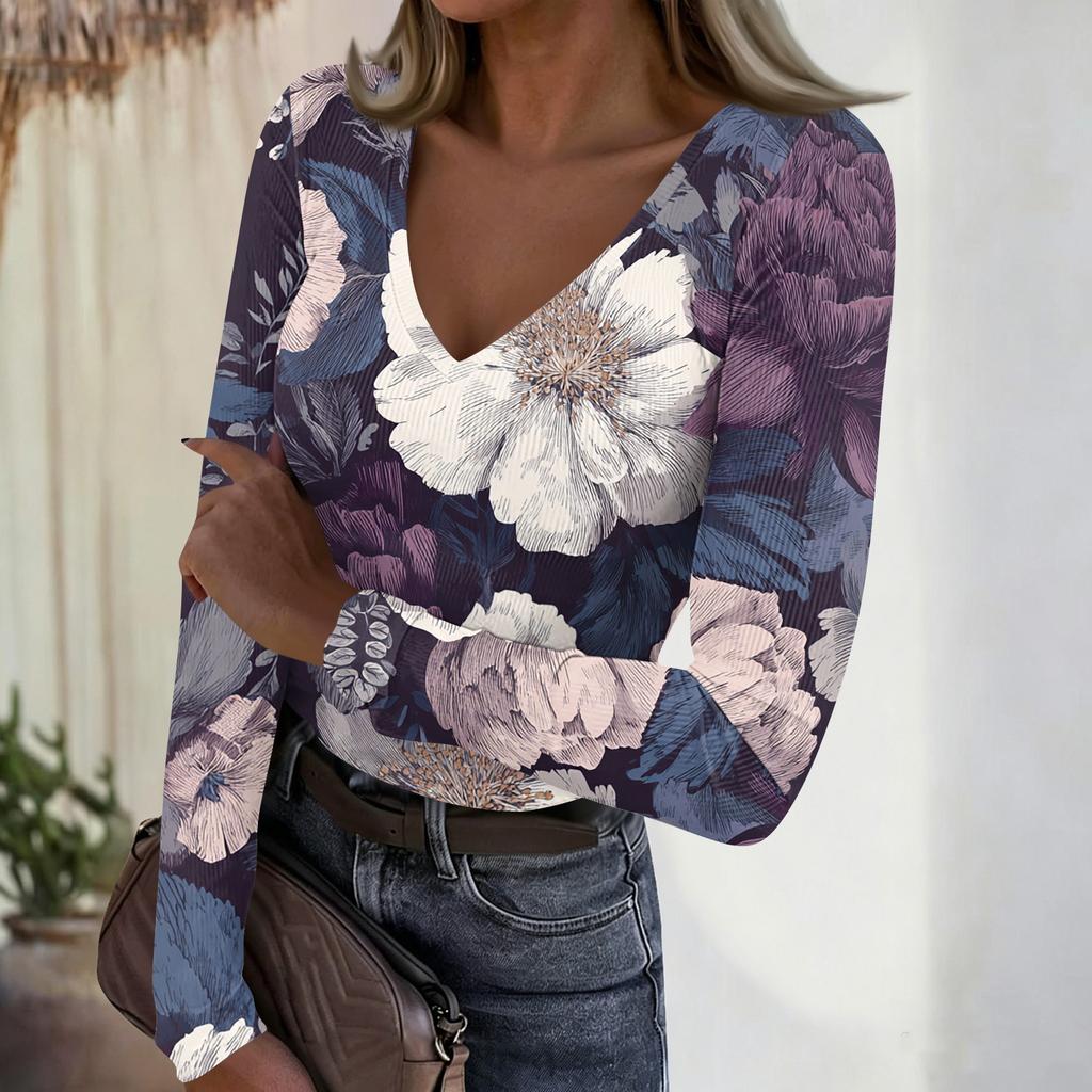 Women's Casual V-Neck Vintage Print Long Sleeve Ribbed Top for Fall and Everyday Wear