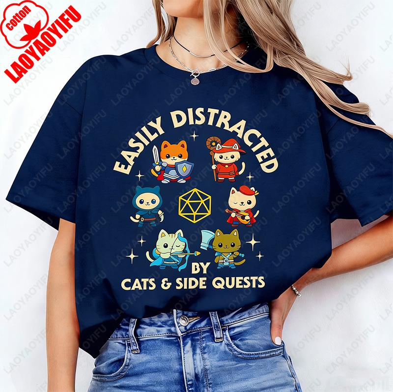 Easily Distracted By Cats And Side Quests Cotton Shirt D20 Side Quest Master Tshirt Dungeon Cat Lovely Printed Man Women Tee