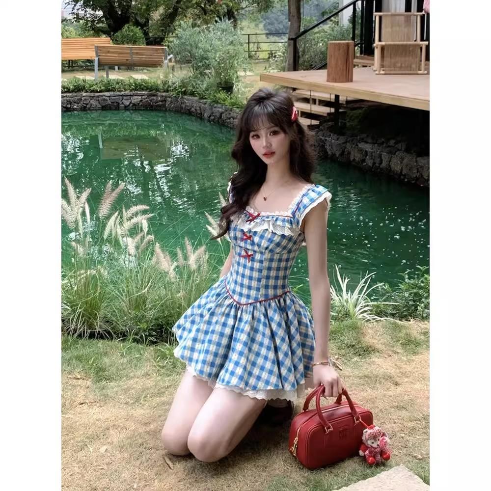 New Summer French Retro Blue Plaid Small Flying Sleeve Dress Feeling Small Flying Sleeve Tutu Dress Tide