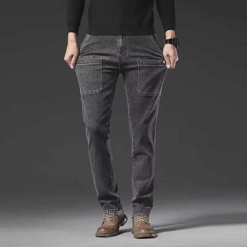 Jeans Autunnali Elasticizzati Multi-Tasche da Uomo: Pantaloni in Denim da Lavoro Casual