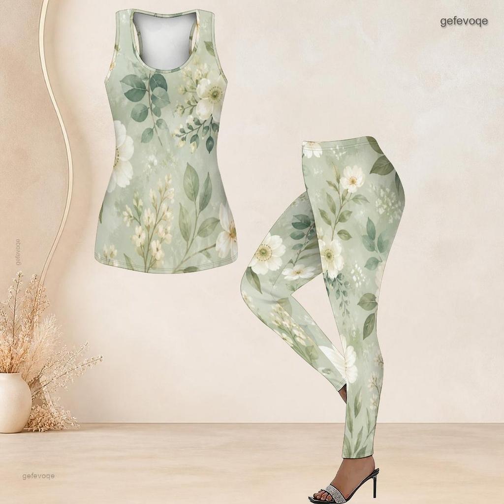 Women Plus Size Two Piece Set Scoop Neck Sleeveless Sage Green Floral Printed Tank Top Fitted Pants