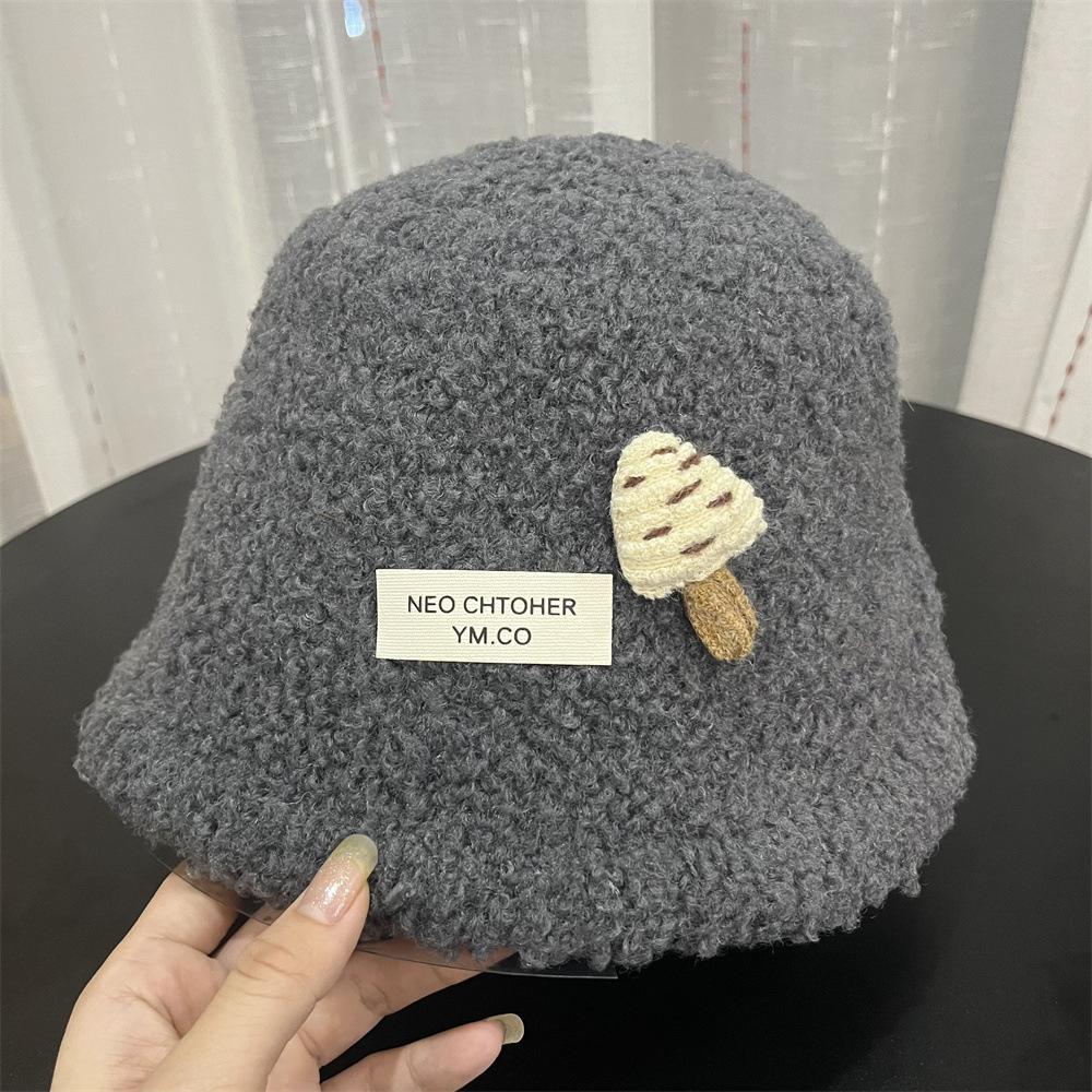 Cute three-dimensional mushroom bucket hat autumn and winter new lamb wool warm and cold-proof split bucket hat female