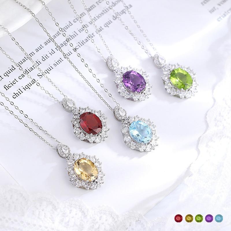 Natural Colored Treasure Spar Pendant S925 Sterling Silver Necklace Women's Neck Jewelry Light Luxury High-end Collarbone Chain