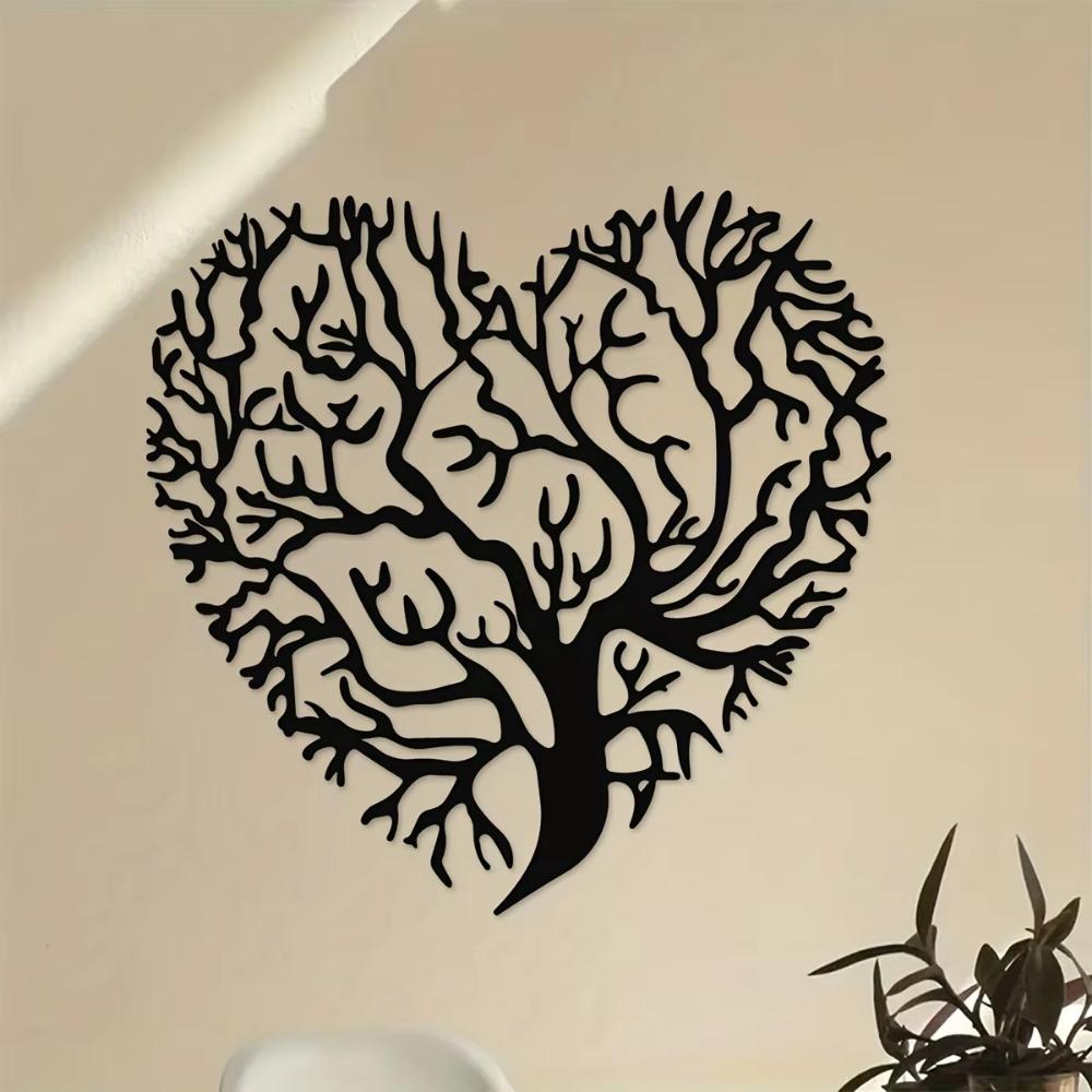 1pc Black Metal Iron Art Home Wall Decoration, Tree of Life Heart Shaped - Metal Wall Garden Art, Heart wall art
