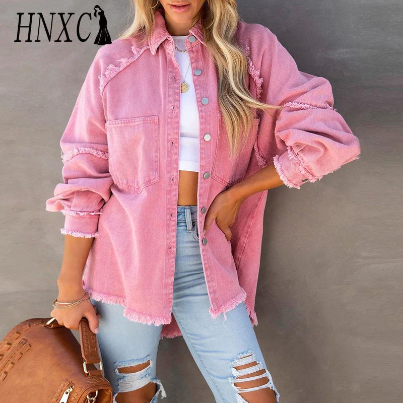 HNXC Herbst-Langarm-Jeansjacke für Damen, Waschbare Fransen-Mittellange Lockere Jacke