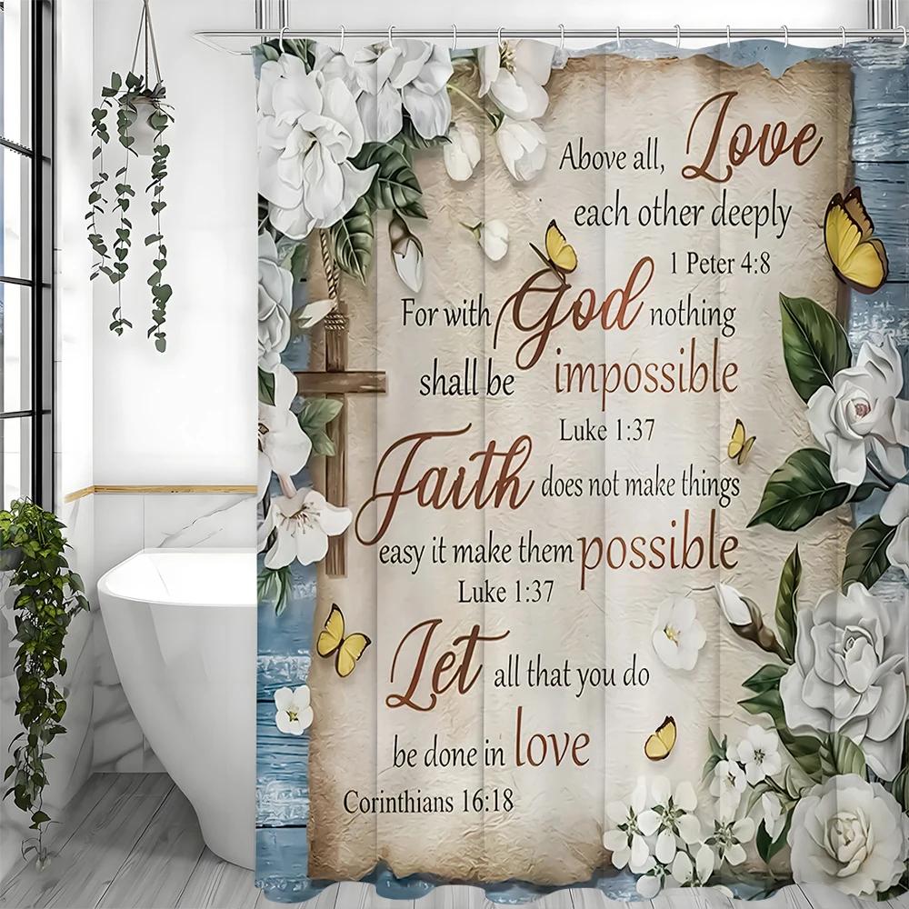

Bible Verses Christian Scriptures White Flowers Inspirational Quotes Shower Curtain, Bathroom Decorative Shower Curtains, Waterp W90xH180cm