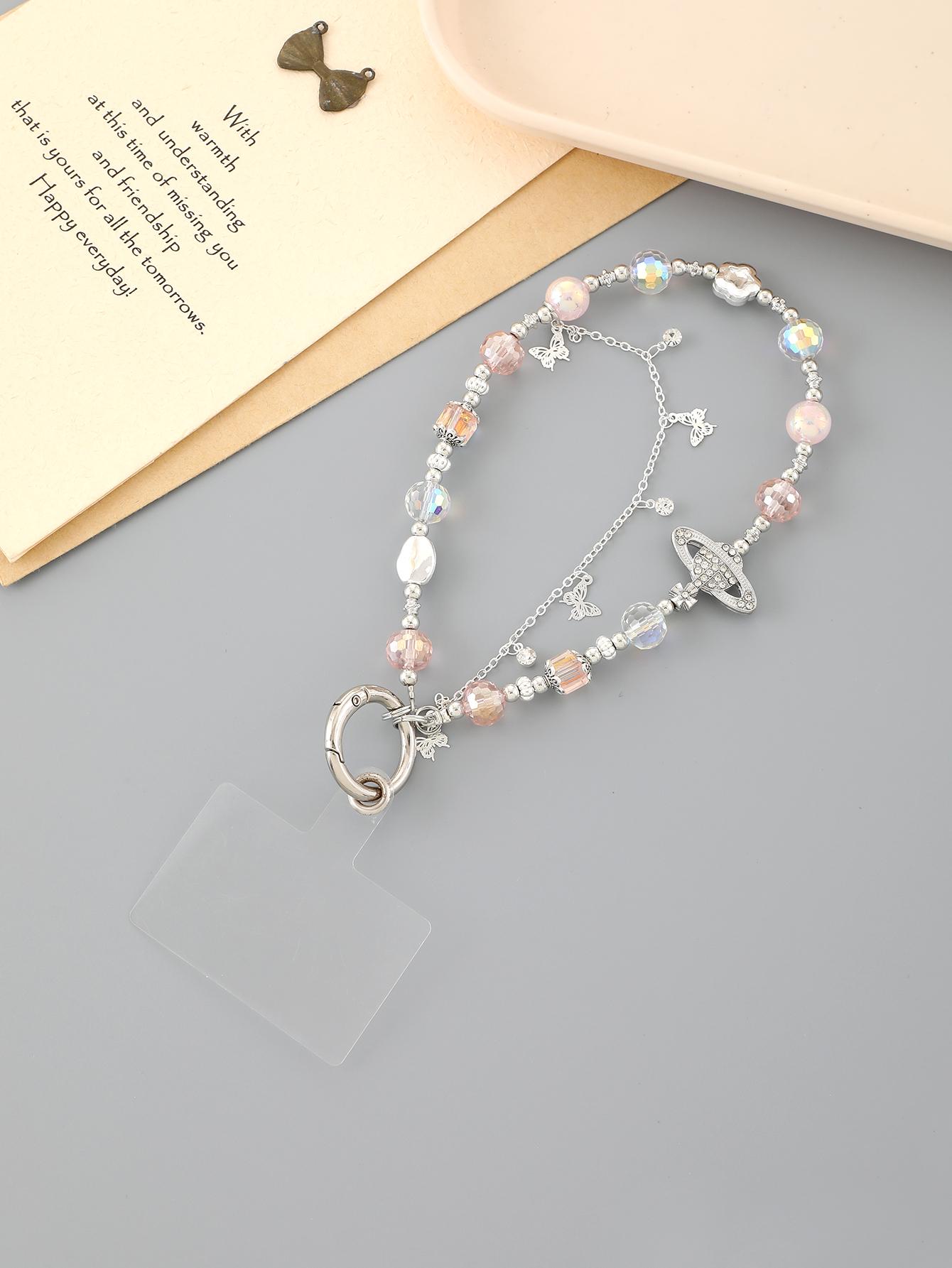 

Light High-end Crystal Bead Phone Pendant With Double Chain Butterfly Phone Chain Pendant And a Transparent Card Other