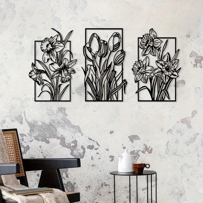 Bohemian Tulip Metal Wall Art Set 3Pcs Flat Floral Decor Christmas Gift