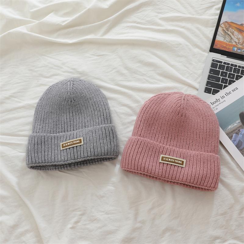 Korean Pearl Bow Wool Hat for Women Plus Velvet Thickened Warm Knitted Hat Letter Labeled Same Style for Men and Women