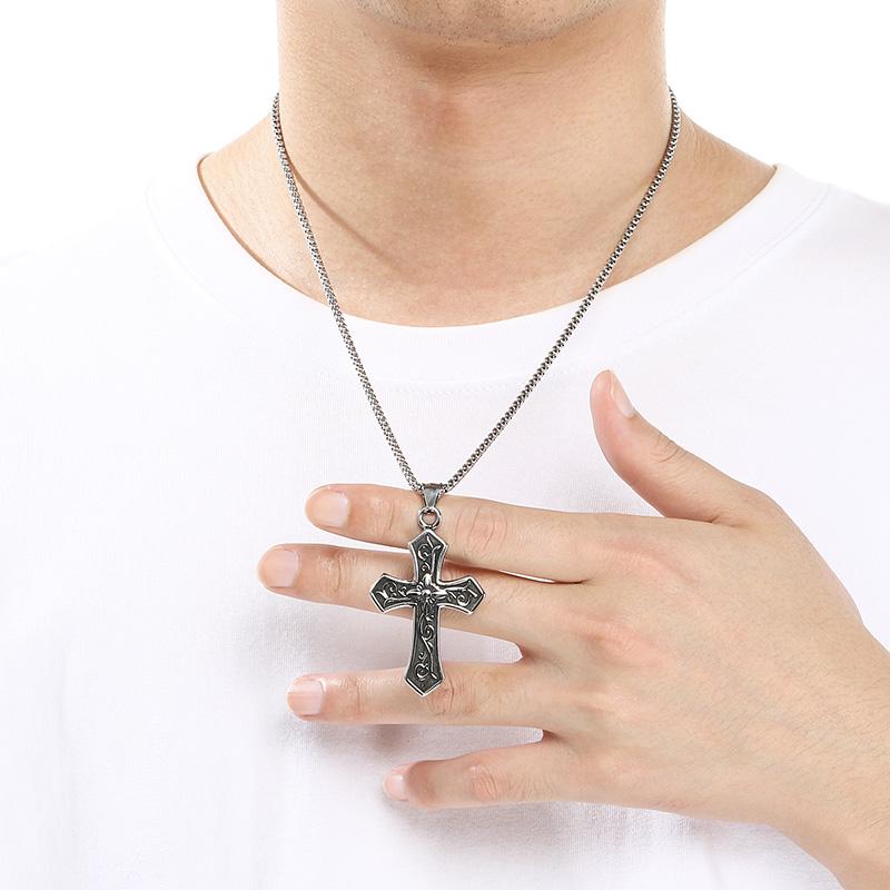 Stainless Steel Cross Pendant Necklace for Men Vintage Jesus Crucifix Carved Cross Necklaces Gothic Punk Religious Jewelry Gift