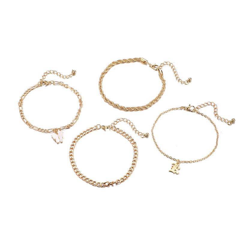Punk Style Hollow Letter Pendant Anklet, Diamond-Encrusted Butterfly Tassel Pendant 4-Piece Anklet Set