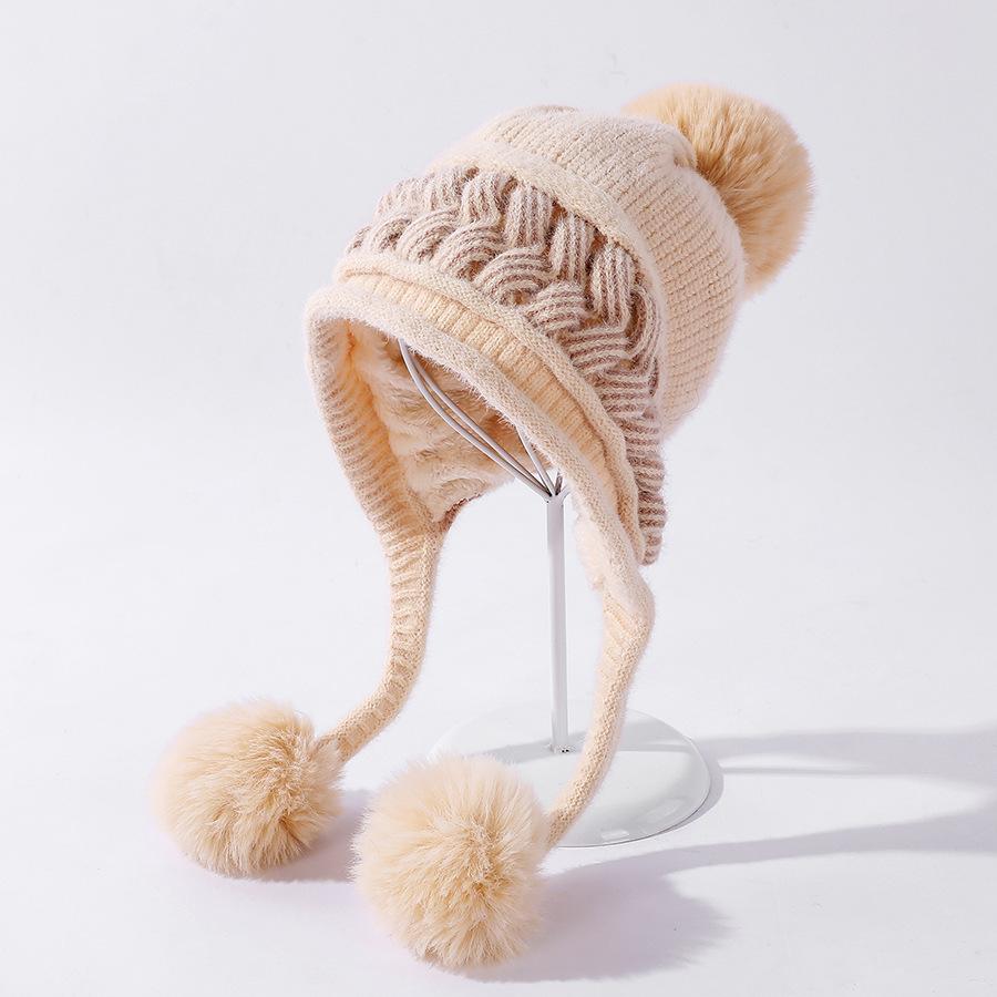 Knitted Hat for Women Color Matching Twisted Sanmao Ball Earmuffs Wool Hat Winter Versatile Casual Plus Velvet Warm Hat