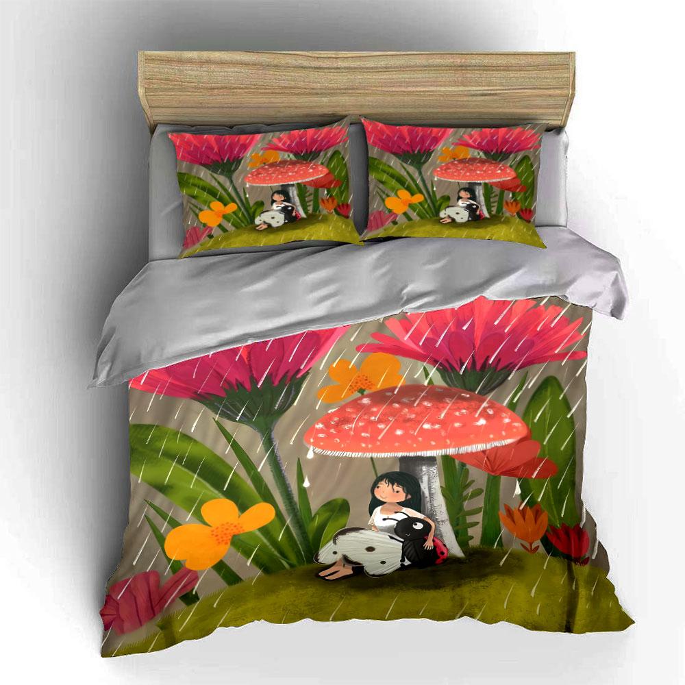 Fairytale Decor Mushroom Rain Scene Soft Comfortable Duvet Cover Bedding Set Included 1*Duvet Cover & 2*Pillowcases, Gift