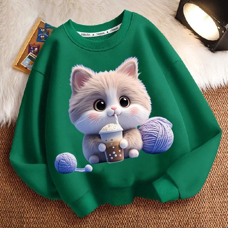 Cute Milk Tea Cat Round-neck Sweatshirt for Children, Fashionable Long-sleeved Casual Sweatshirt for Boys and Girls in Spring and Autumn