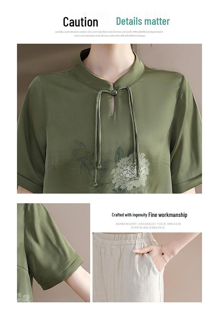 Mom's 2026 Chinese Style Chiffon Suit: Short-Sleeve Printed Top for Middle-Aged and Elderly Women
