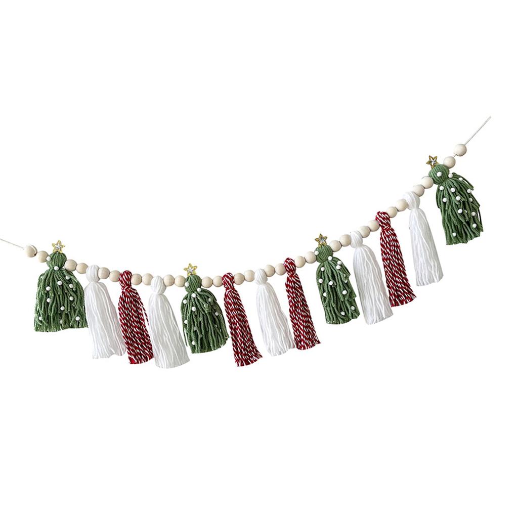 Christmas Hanging Cotton Woolen Tassels Garlands with Wood Beads for Mantel Decorations and Celebration Bunging Banners