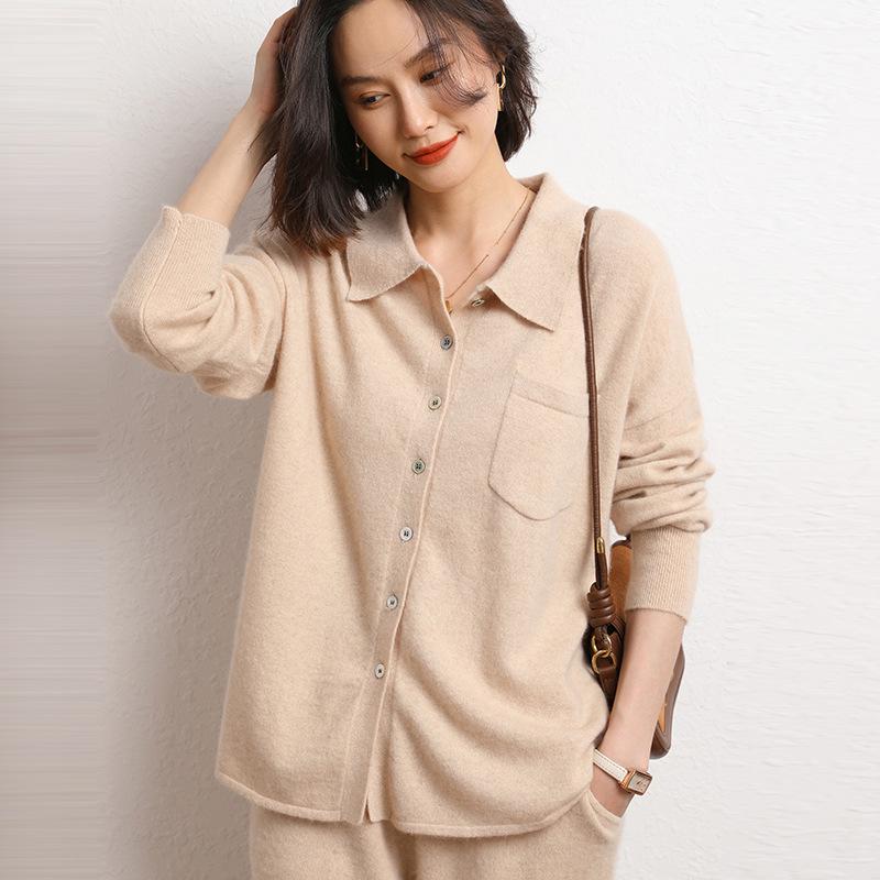 Women's Versatile Cashmere Knit Sweater: 2023 Autumn/Winter Polo Collar, Loose Fit, Solid Color