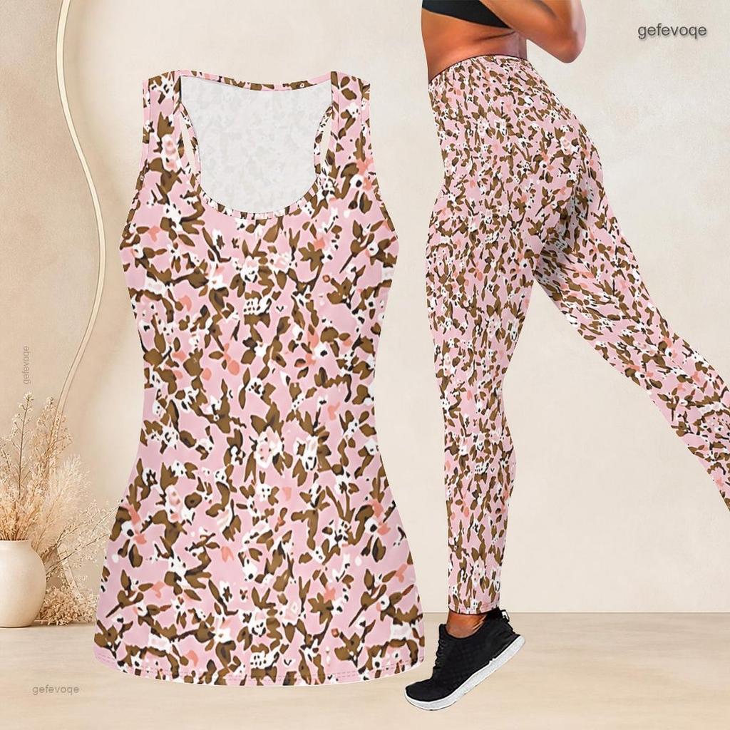Women Plus Size Floral Printed Two Piece Set Scoop Neck Sleeveless Longline Tank Top Fitted Pants