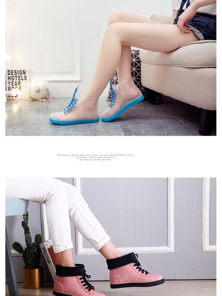 Jelly Transparent Non-Slip Waterproof Rain Boots for Women, Short Tube with Velvet Cotton, Fashionable Rubber Over Shoes for Summer.
