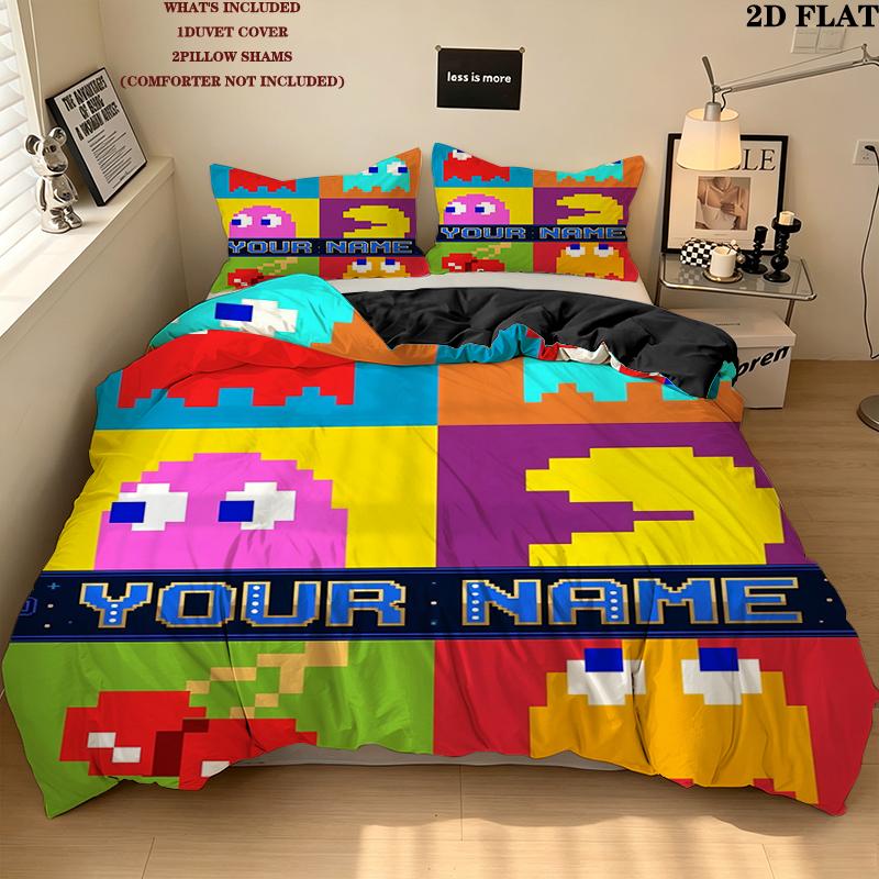 Custom Name,Pac Man Pattern Bedding Home Decoration Birthday Gift ( 1 Duvet Cover + 2 Pillowcase, Without Core),fan Merchandise.