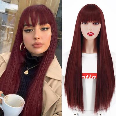 Lange, gerade, rote Perücke für Damen mit Pony, Kunstfaser-Perücke, Schwarz, Braun, Ombré-Farbe, für Damen im Alltag