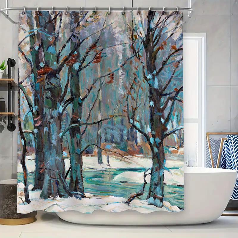 

Artistic Bath Curtain Winter Trees Snow Stream Print Decor Shower Liner For Bathroom Home Decoration In Blue Green White Color W W60H190(CM)-1 Pcs