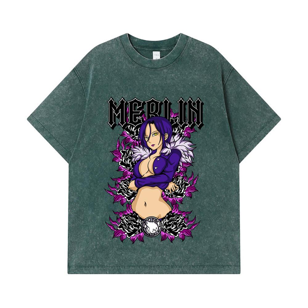 275 GSM Washed T-shirts 100% Cotton Seven Deadly Sins V8 Merlin Print Unisex Heavy Cotton T Shirt