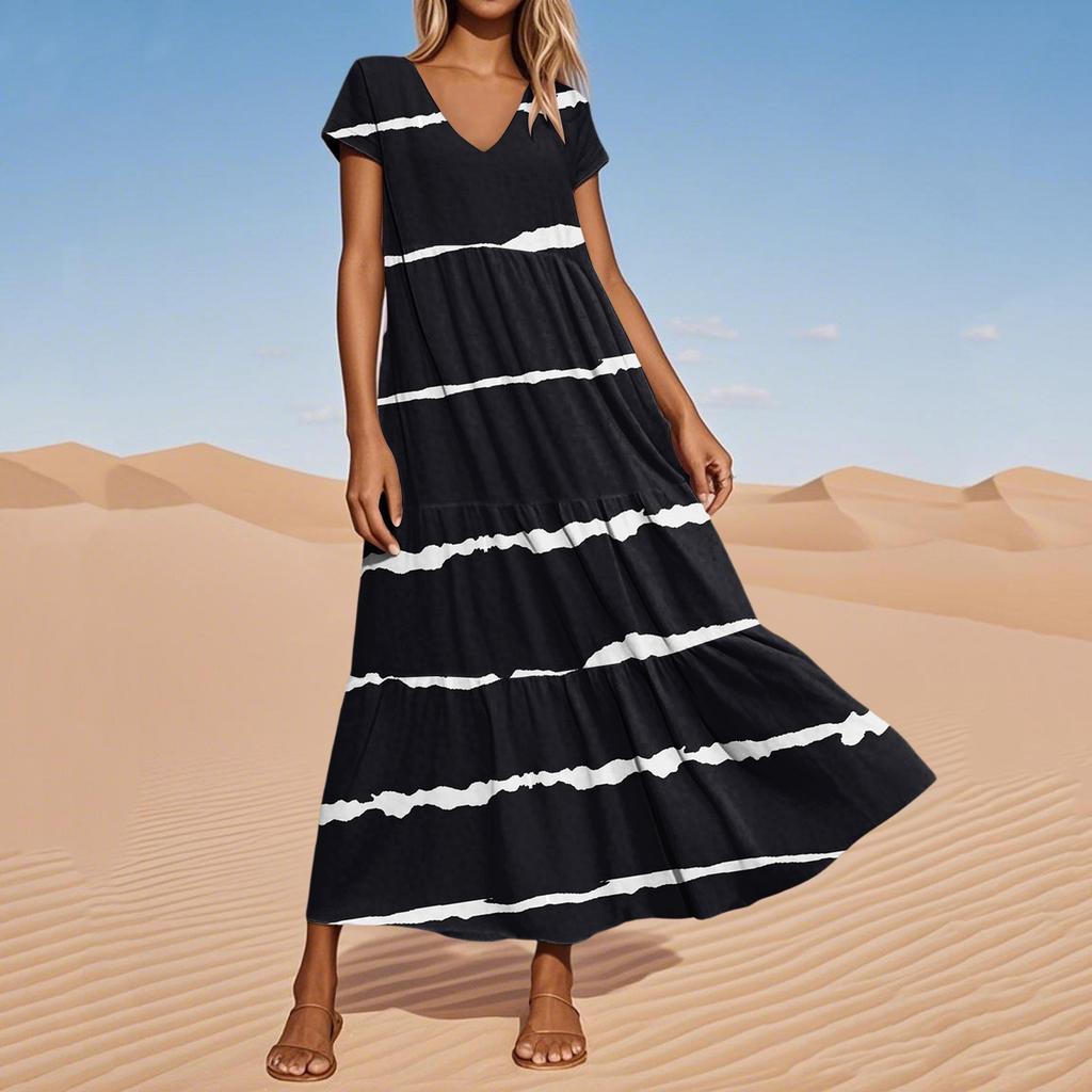 Women's Summer Fashion V-Neck Beach Long Short Sleeve Striped Geometric Print Dresses
