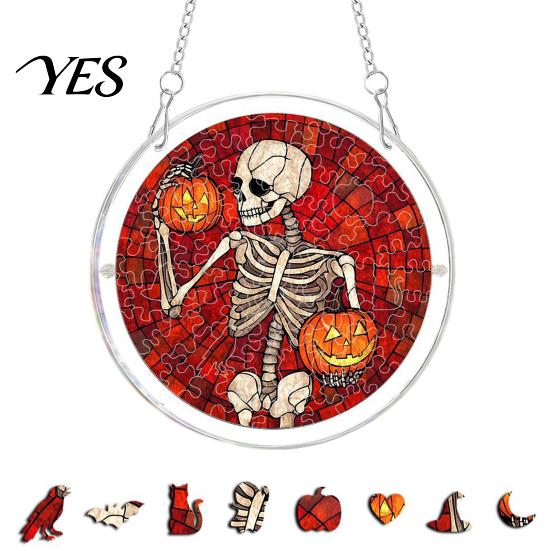 Transparent Stained Glass Halloween Acrylic Puzzle Decor, 2D Ghost Pumpkin Skeleton Hanging Sign, Faux Holiday Spooky Decorations for Party