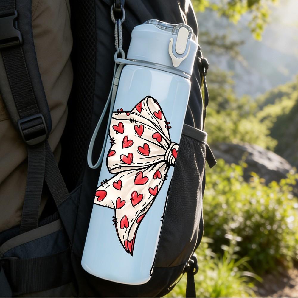 1PC Red Polka Dot Bow Ribbon Print 750ml Color Plastic Sports Water Bottle Leakproof Flip Straw Lid Suitable for Sports Office Home Use