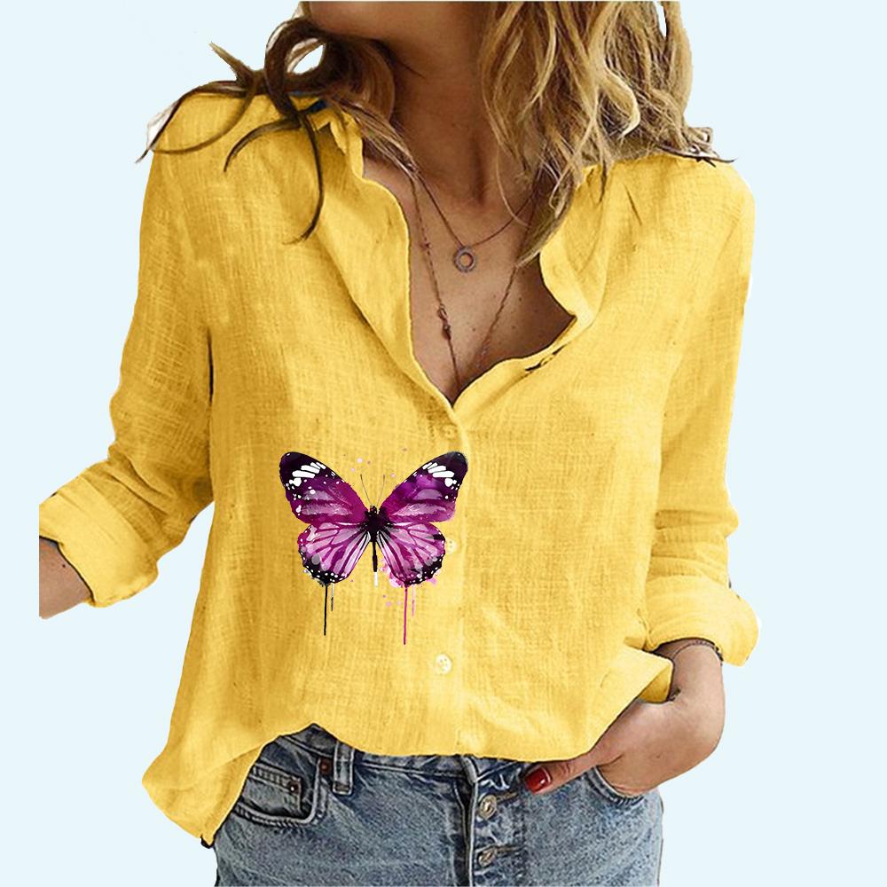 

Женская мода блузки с принтом весна и осень повседневный льняной топ с длинными рукавами женский кардиган рубашка с длинным рукавом 5XL жёлтый