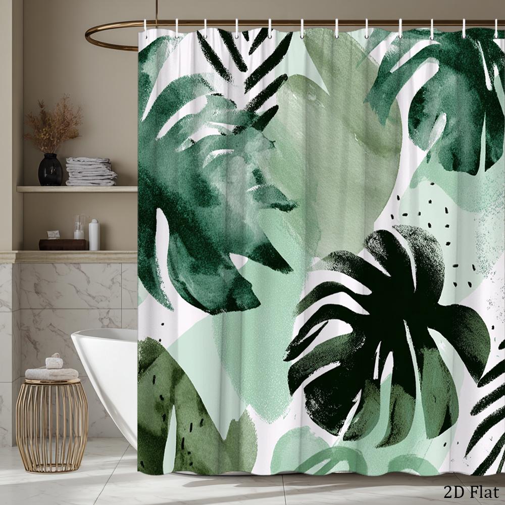 Green Monstera Leaf Shower Curtain 1Pc With 12 Hooks For Bathroom Home Decor Polyester 2D Flat Print 70.8X70.8 Inch
