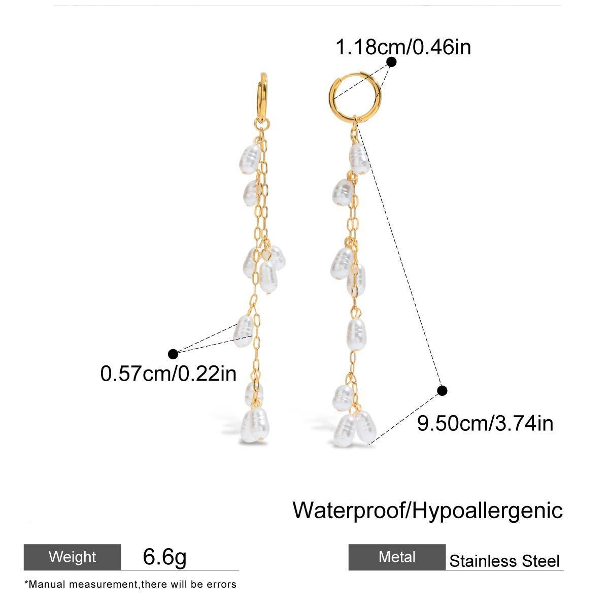 Women Stainless Steel Gold Plated Irregular Imitation Pearl Long Chain Tassel Earrings