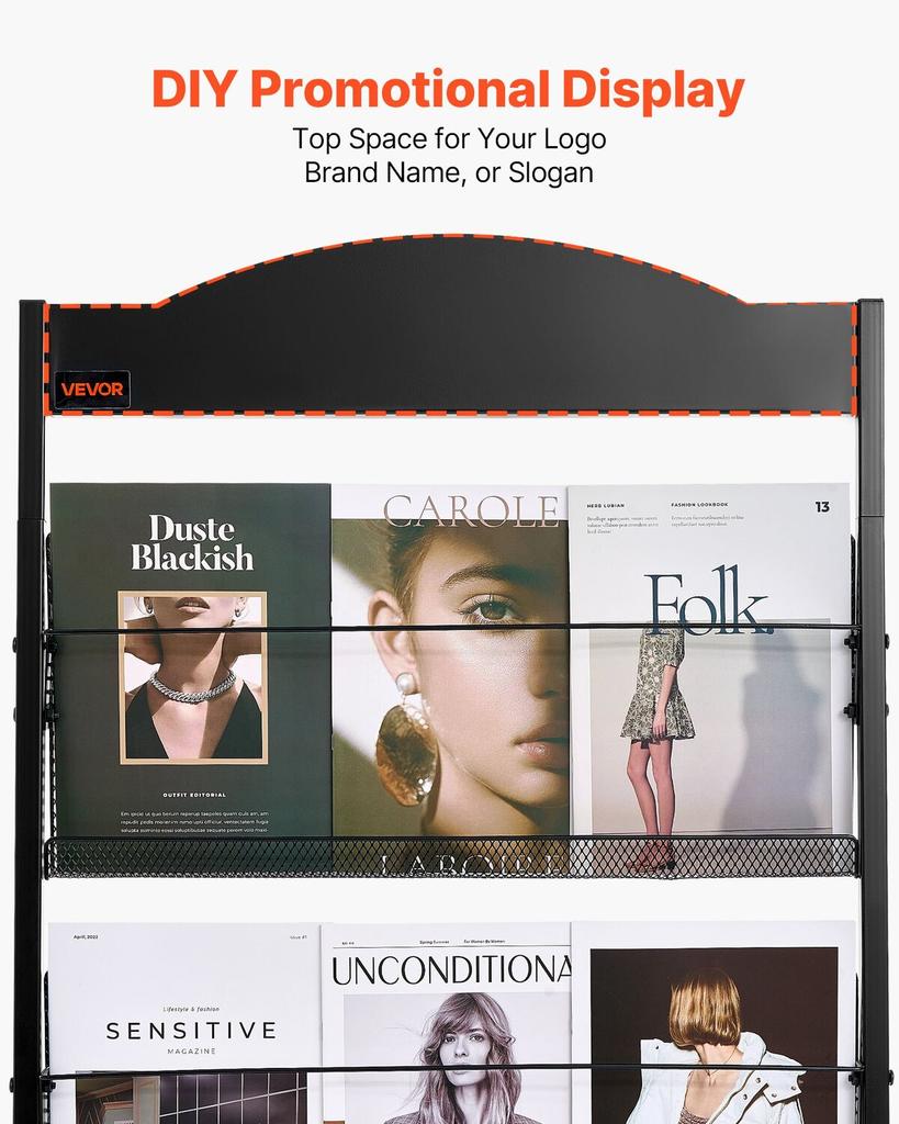 Brochure Display Rack, 4-Tier Magazine Literature Display Stand with Wheels, Movable Floor Standing Magazine Rack, Heavy Duty Newspaper Catalog