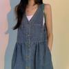 V-neck Denim Camisole Dress Pleated Sleeveless Short Dress Elegant Cowboy Strap Dress  Beachwear